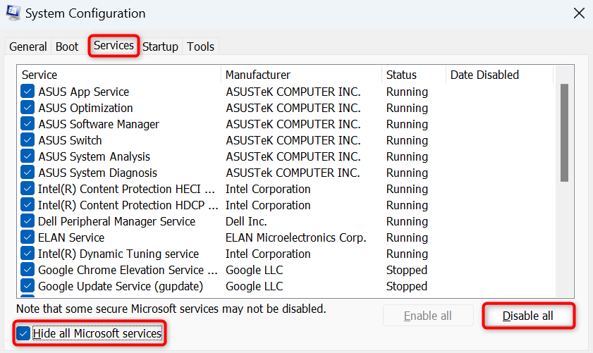 "Services," "Hide all Microsoft services," and "Disable all" highlighted on the "System Configuration" window.