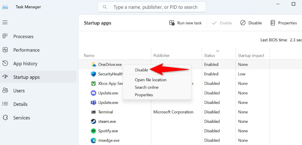 "Disable" highlighted for a startup app in Task Manager.