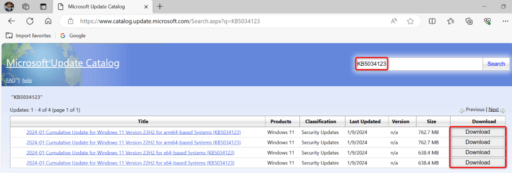 The search box and "Download" highlighted for an update on the Microsoft Update Catalog site.