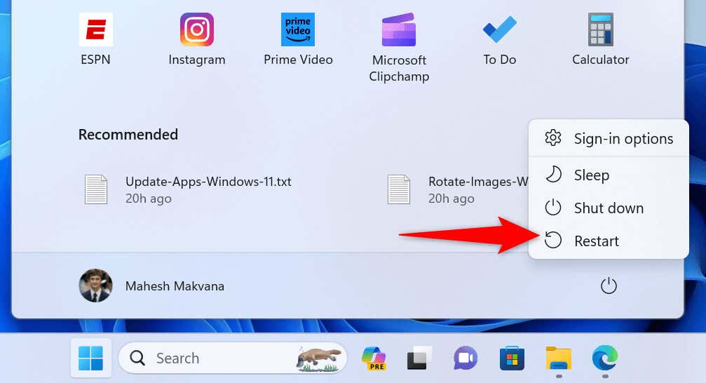 "Restart" highlighted in the Windows Start menu.