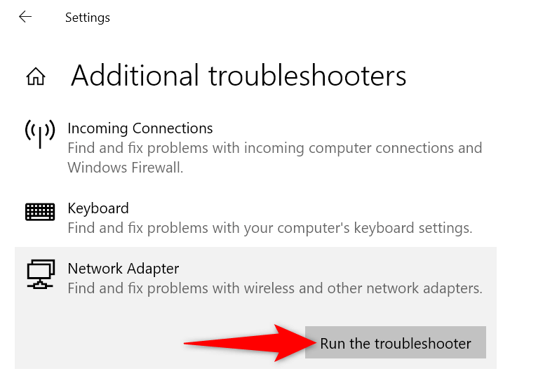 "Run the troubleshooter" highlighted for "Network Adapter" in Windows 10 Settings.