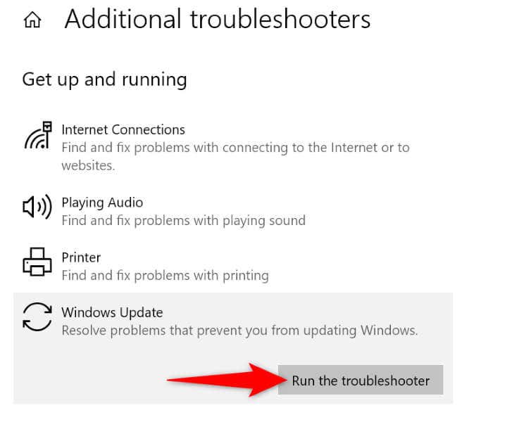 "Run the troubleshooter" highlighted for "Windows Update" in Windows 10 Settings.