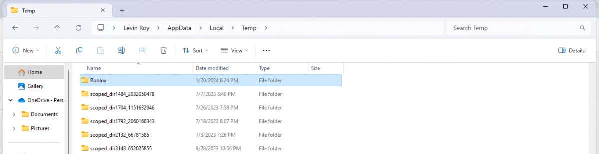 The Roblox folder in Temp selected