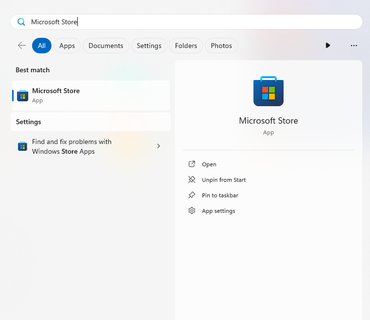 Search Microsoft Store in the Start menu