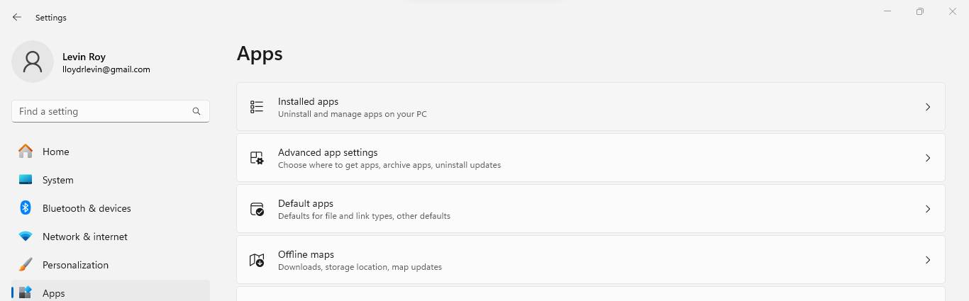 Windows settings Apps section