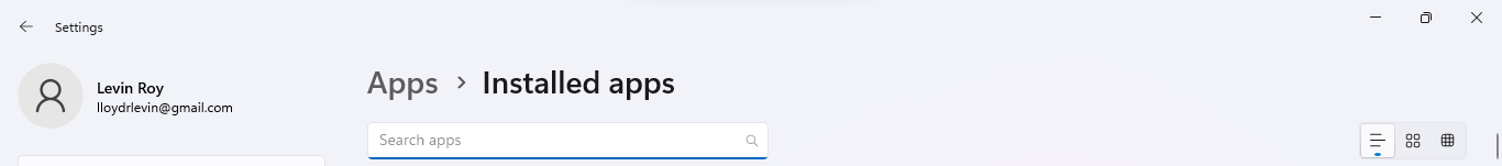 Windows settings Installed apps search bar