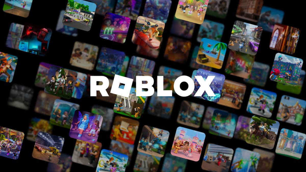 A Roblox logo is prominently displayed, overlaid on a collage of numerous diverse game thumbnails, suggesting a variety of available online games within the platform