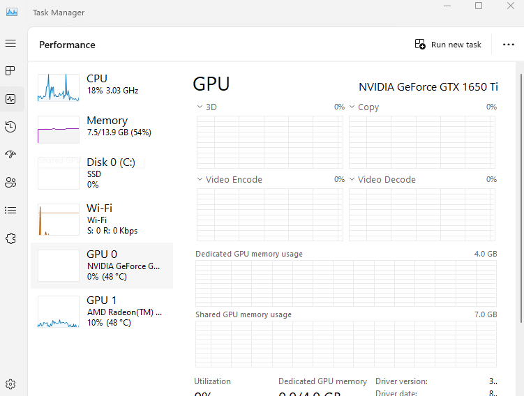 Task manager performance tab GPU selected