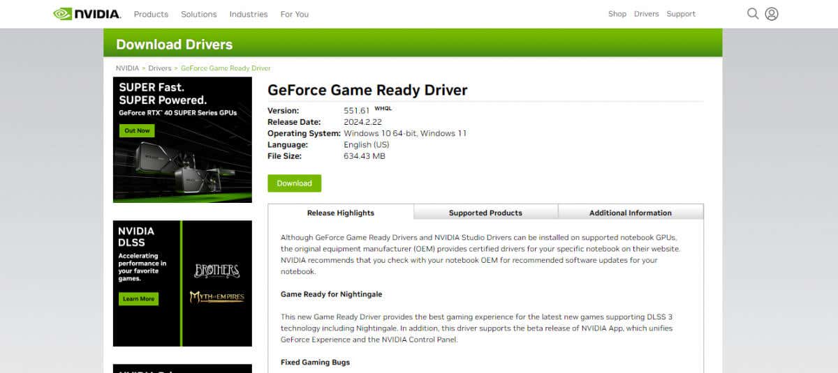 Nvidia website with the official drivers