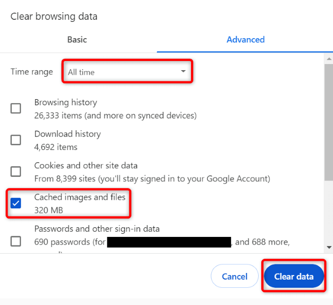 "All time," "Cached images and files," and "Clear data" highlighted in Google Chrome.