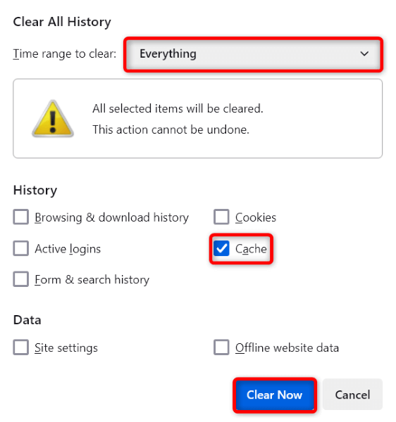 "Everything," "Cache," and "Clear Now" highlighted in Mozilla Firefox.