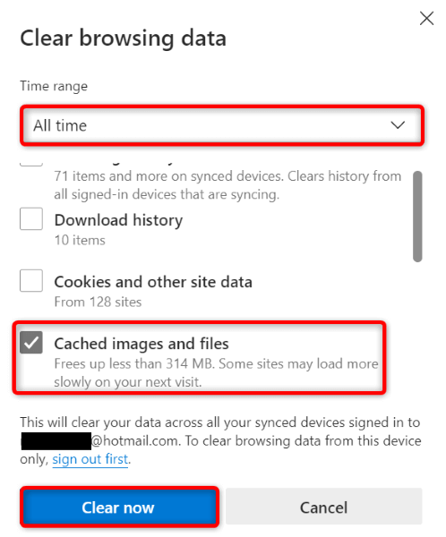 "All time," "Cached images and files," and "Clear now" highlighted in Microsoft Edge.