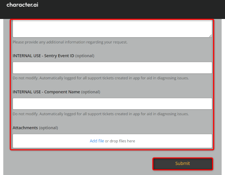 The support form highlighted on Character.ai.