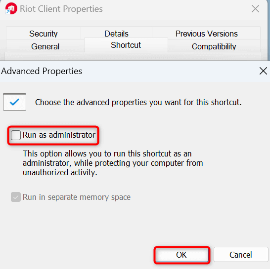 "Run as administrator" and "OK" highlighted on the "Advanced Properties" window.