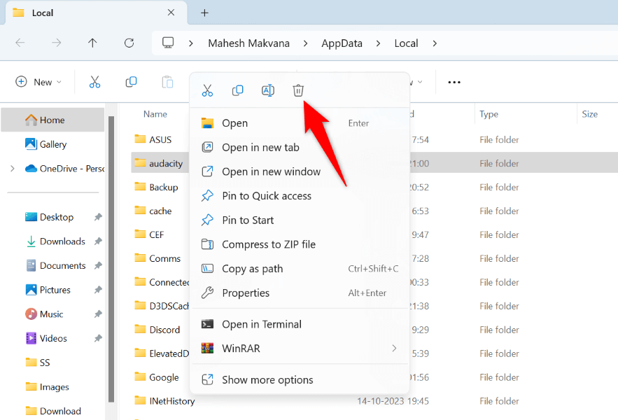 The trash can icon highlighted in the context menu of an app's AppData folder.