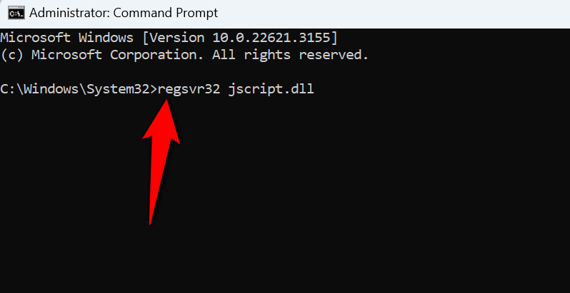 The command to re-register a JScript file typed in Command Prompt.