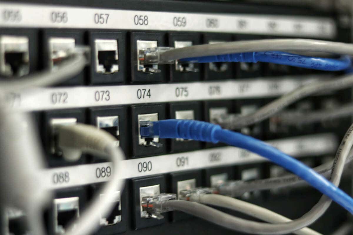 Close-up of network cables connected to a patch panel, showcasing image.