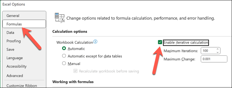 Enabling iterative calculations in Excel