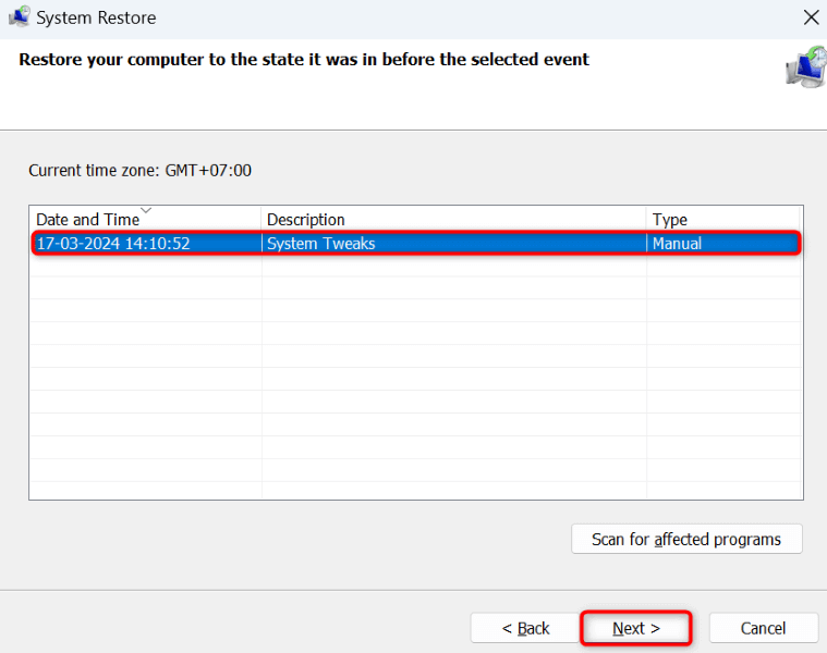 A restore point and "Next" highlighted in System Restore.