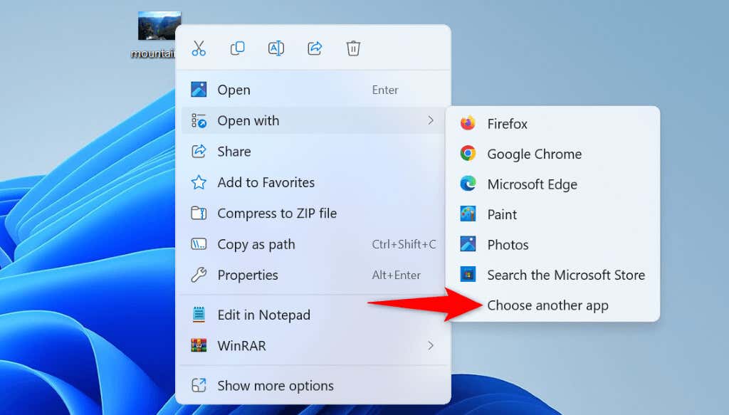 Open with > Choose another app highlighted in the context menu of a file.