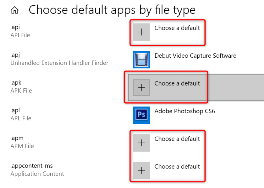 "Choose a default" highlighted for various file types in Windows 10 Settings.