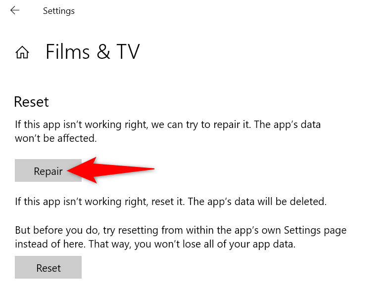 "Repair" highlighted for an app in Windows 10 Settings.