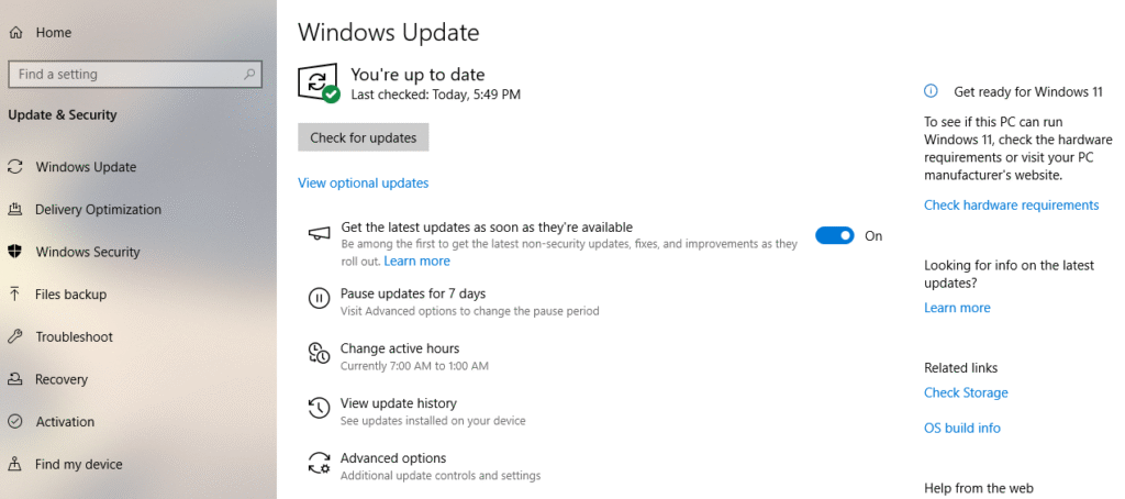 Windows 10 Windows Update interface