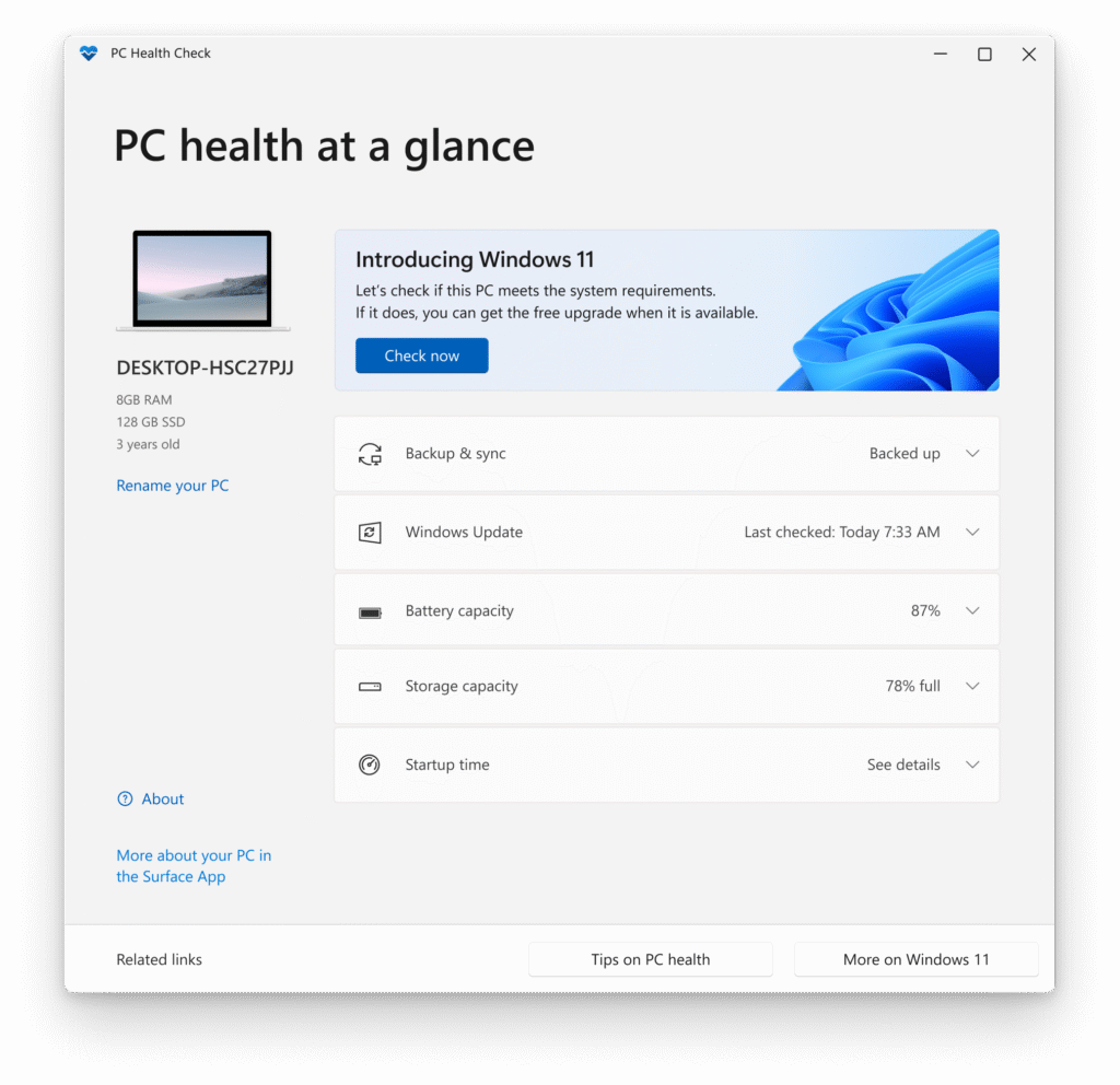 Pc health Check app
