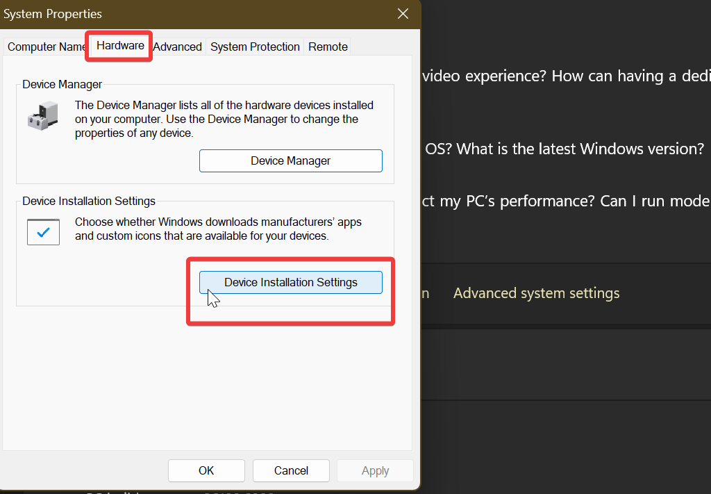 device installation settings