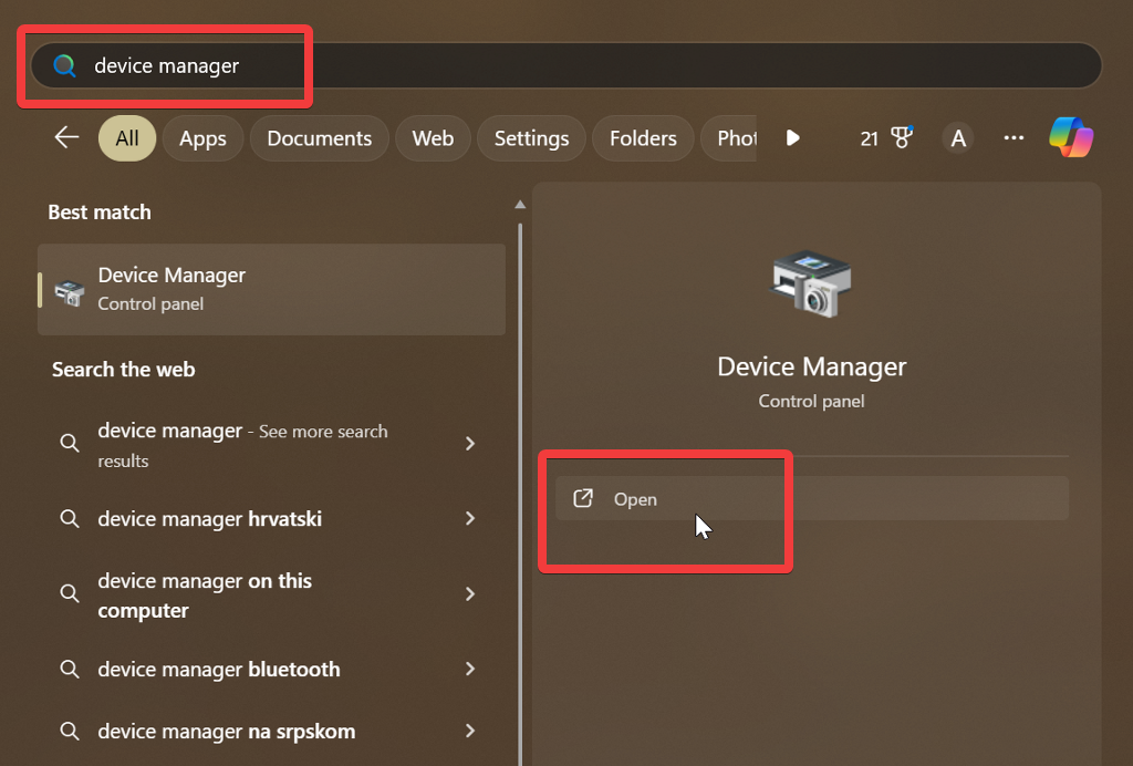 device manager in windows search
