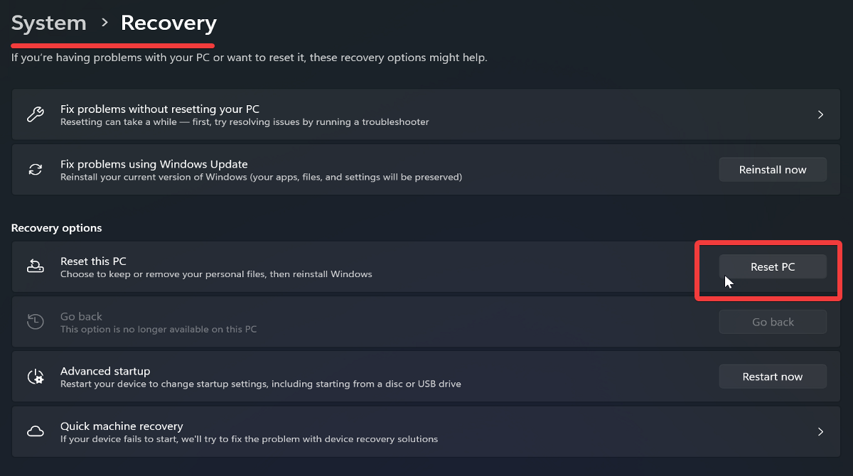reset pc in recovery settings on windows 11