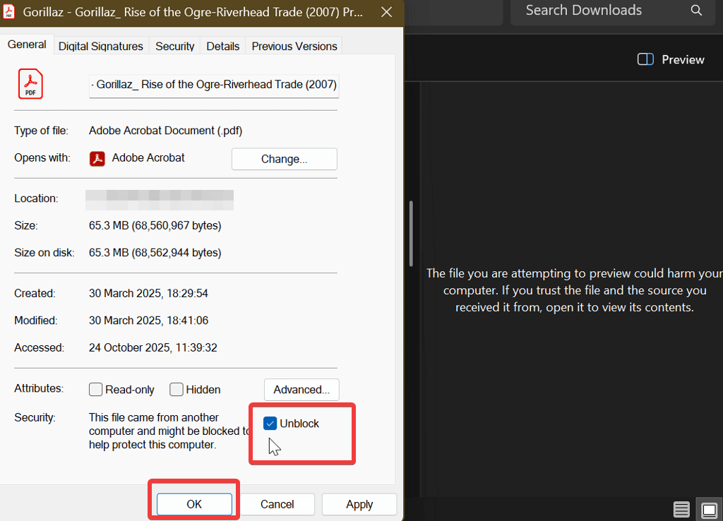 unblock file in properties