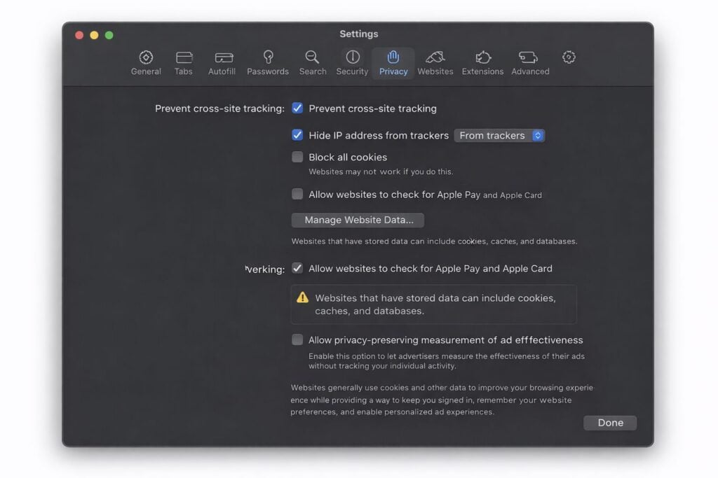 Enable Options in Safari Privacy Settings