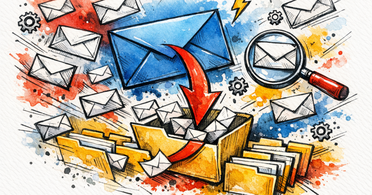 Colorful comic-style illustration of a large blue envelope with a red arrow sending messages into a pile of yellow folders and scattered envelopes, with a magnifying glass in the background.