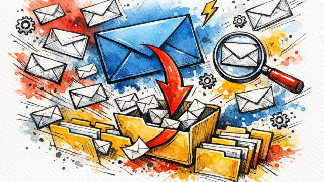 Colorful comic-style illustration of a large blue envelope with a red arrow sending messages into a pile of yellow folders and scattered envelopes, with a magnifying glass in the background.