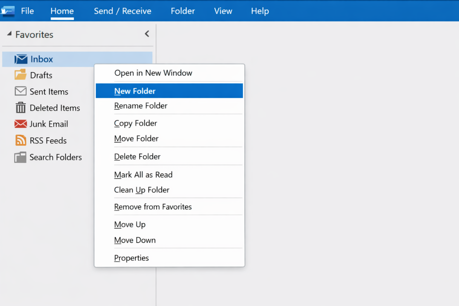 Outlook left sidebar with right-click context menu on Inbox showing 