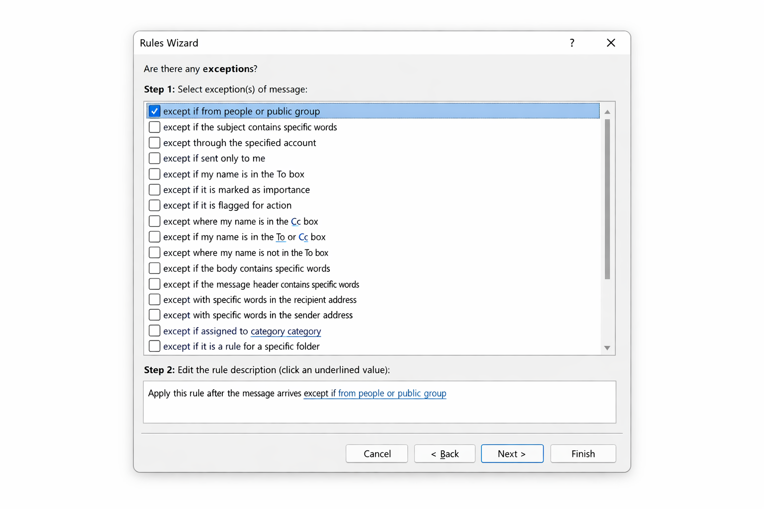 Rules Wizard Exceptions screen with exceptions list visible and Step 2 description box at the bottom