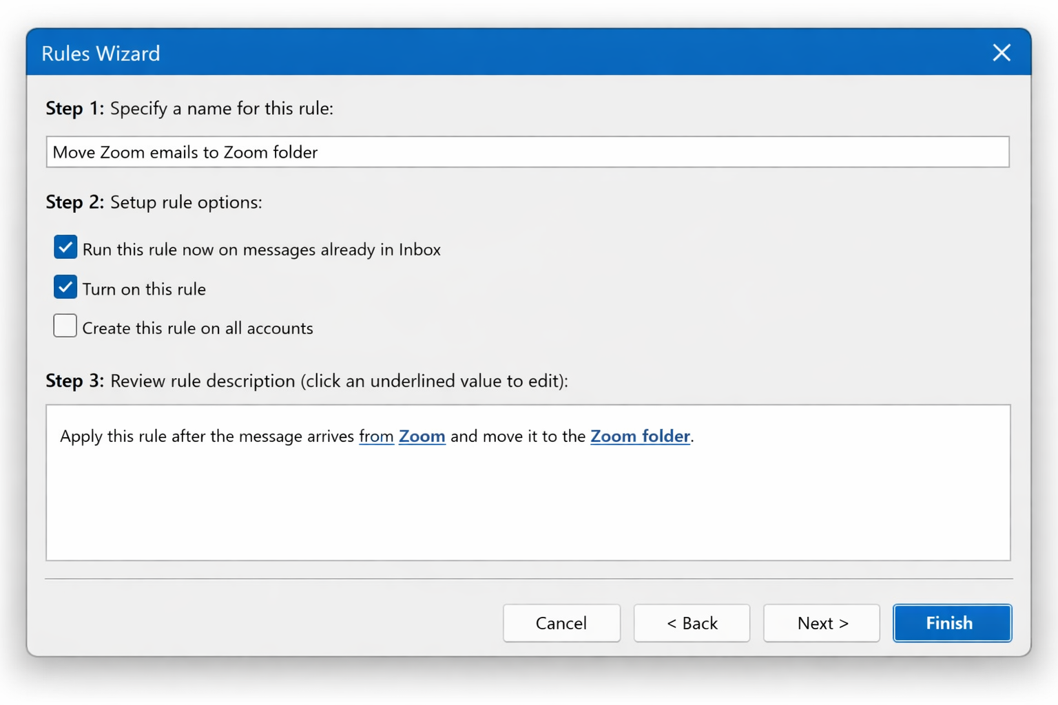 Rules Wizard final screen with rule name field filled in, 