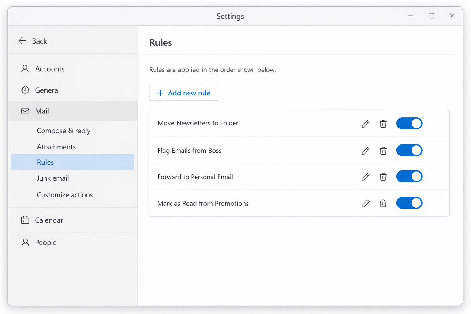 New Outlook for Windows Settings panel with Mail/> Rules selected in the left navigation