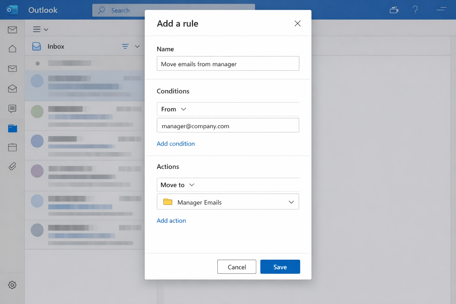 New Outlook Add new rule panel with Name field, condition set to 