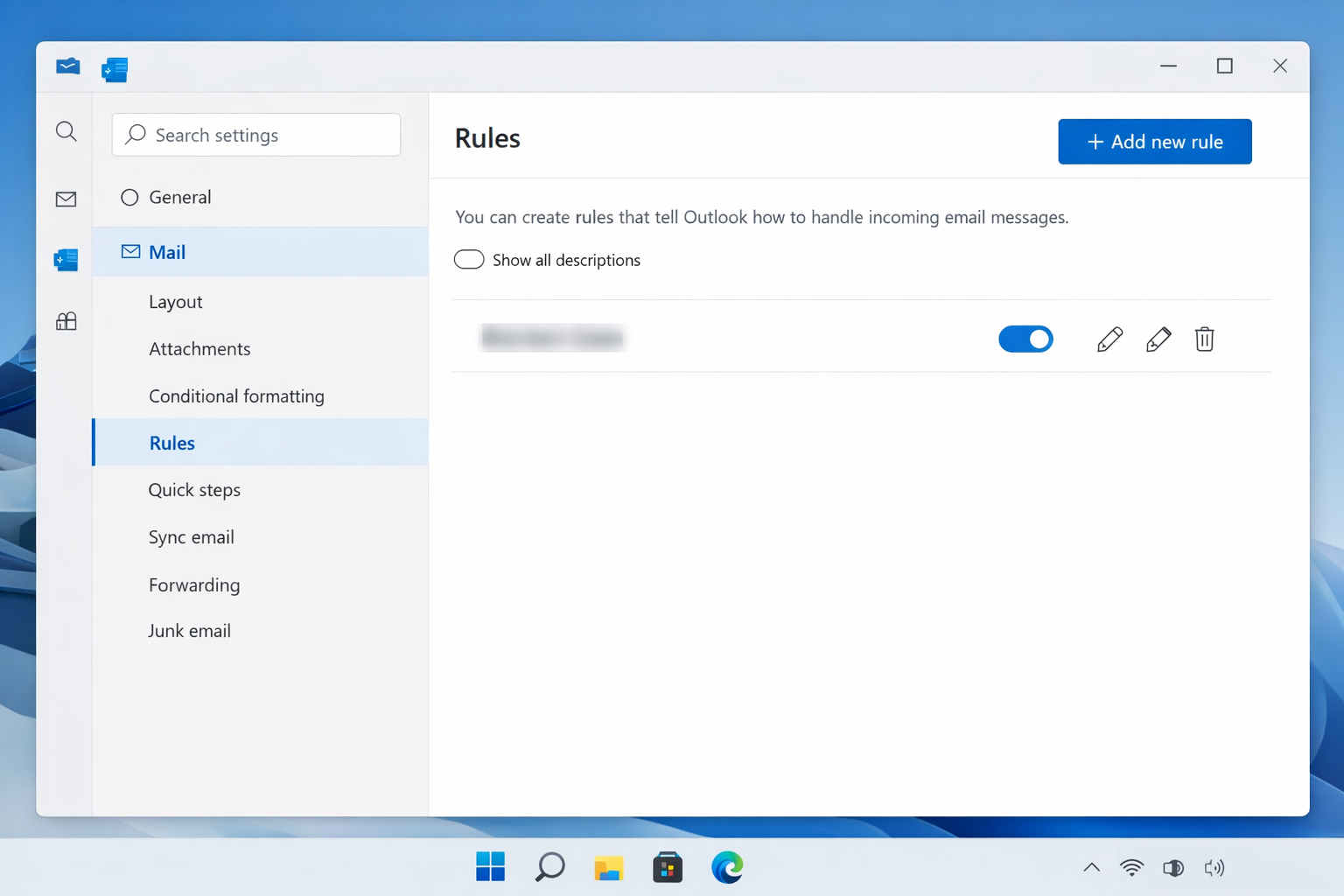 Outlook on the web Settings/> Mail > Rules page with 