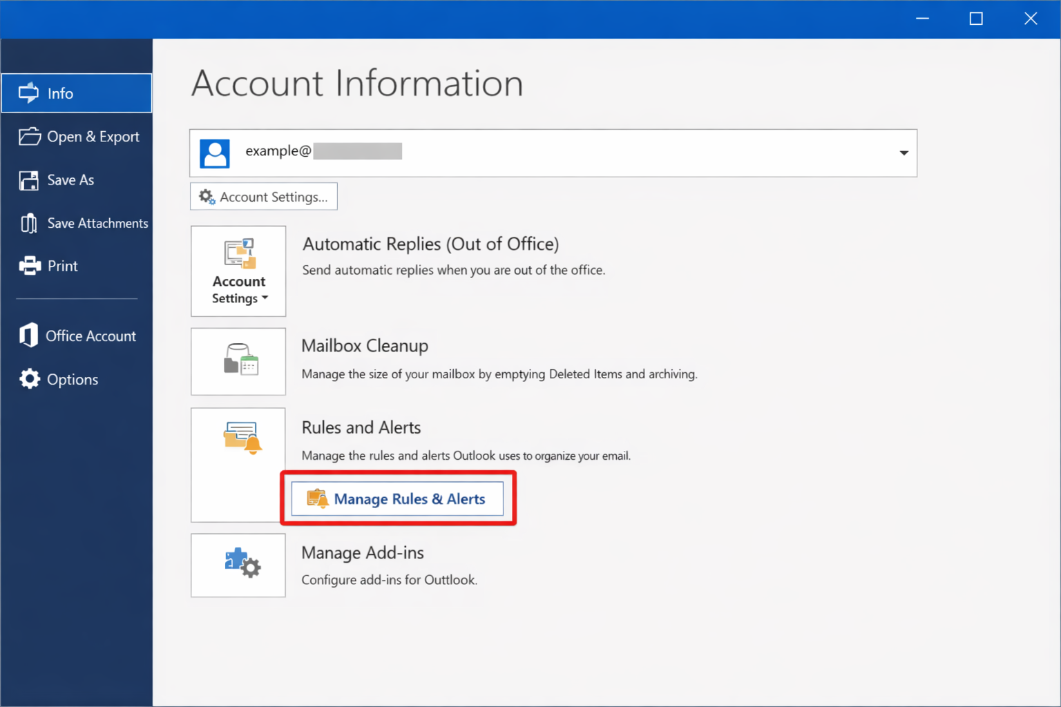 Outlook File tab open with 