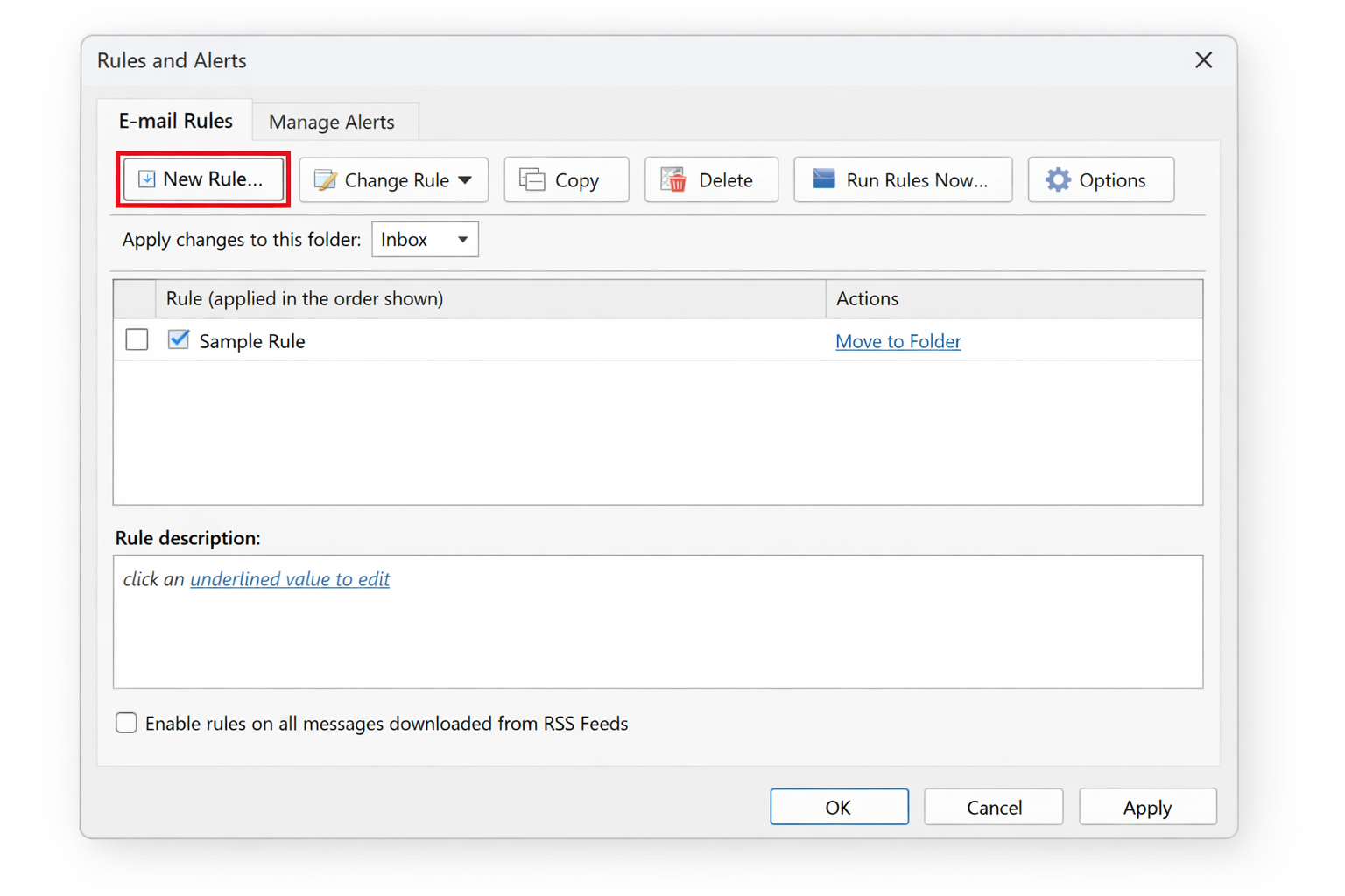 Rules and Alerts dialog with 