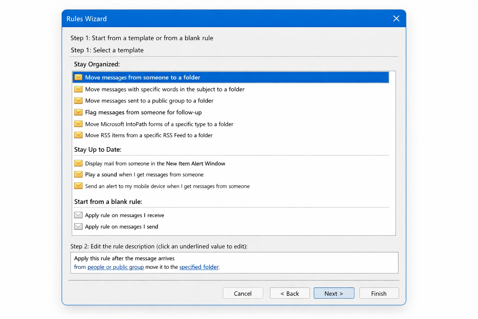 Outlook on Windows with Rules Wizard showing 