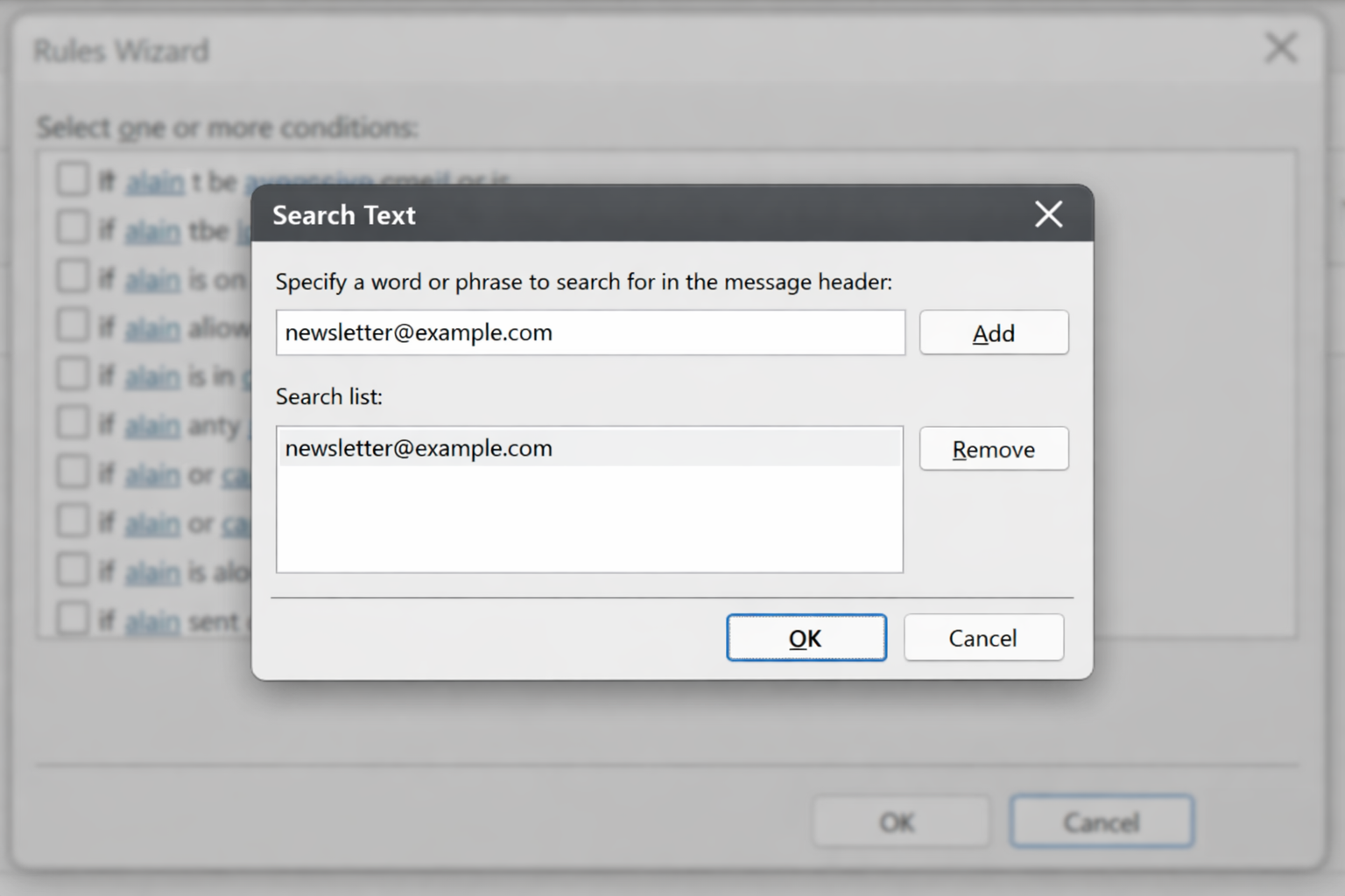 Rule Address dialog with a sender email address typed in the From field and OK button visible