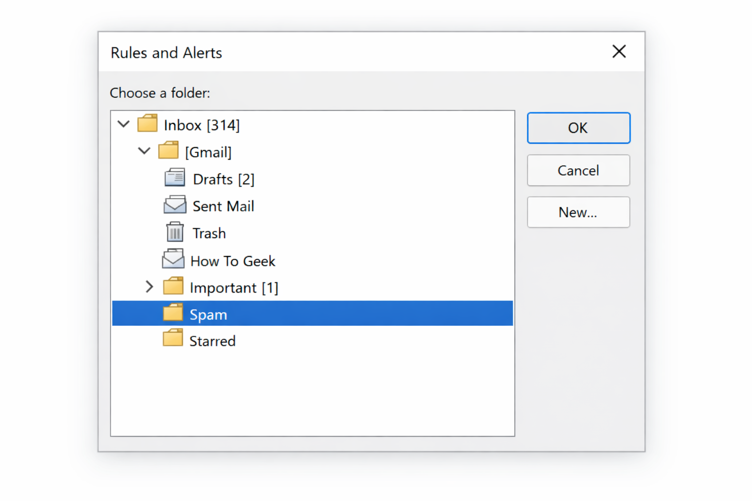 Rules and Alerts folder picker dialog with a folder selected and OK button visible