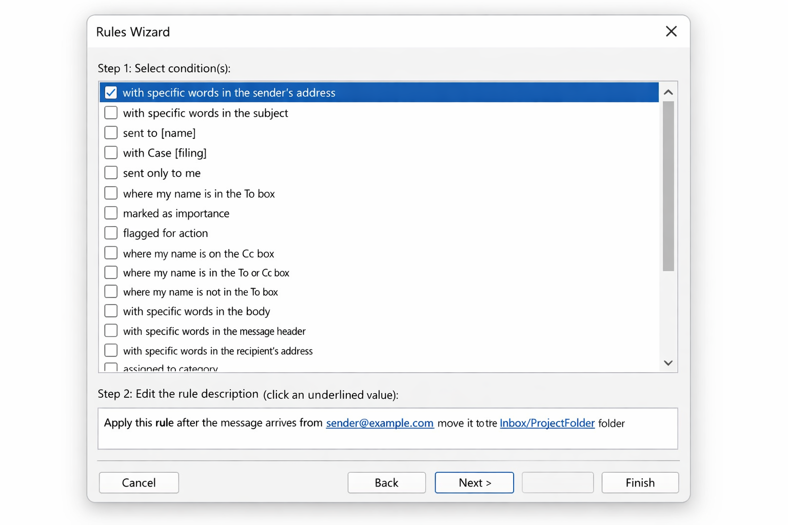 Rules Wizard Step 2 box showing a completed rule with sender address and destination folder filled in