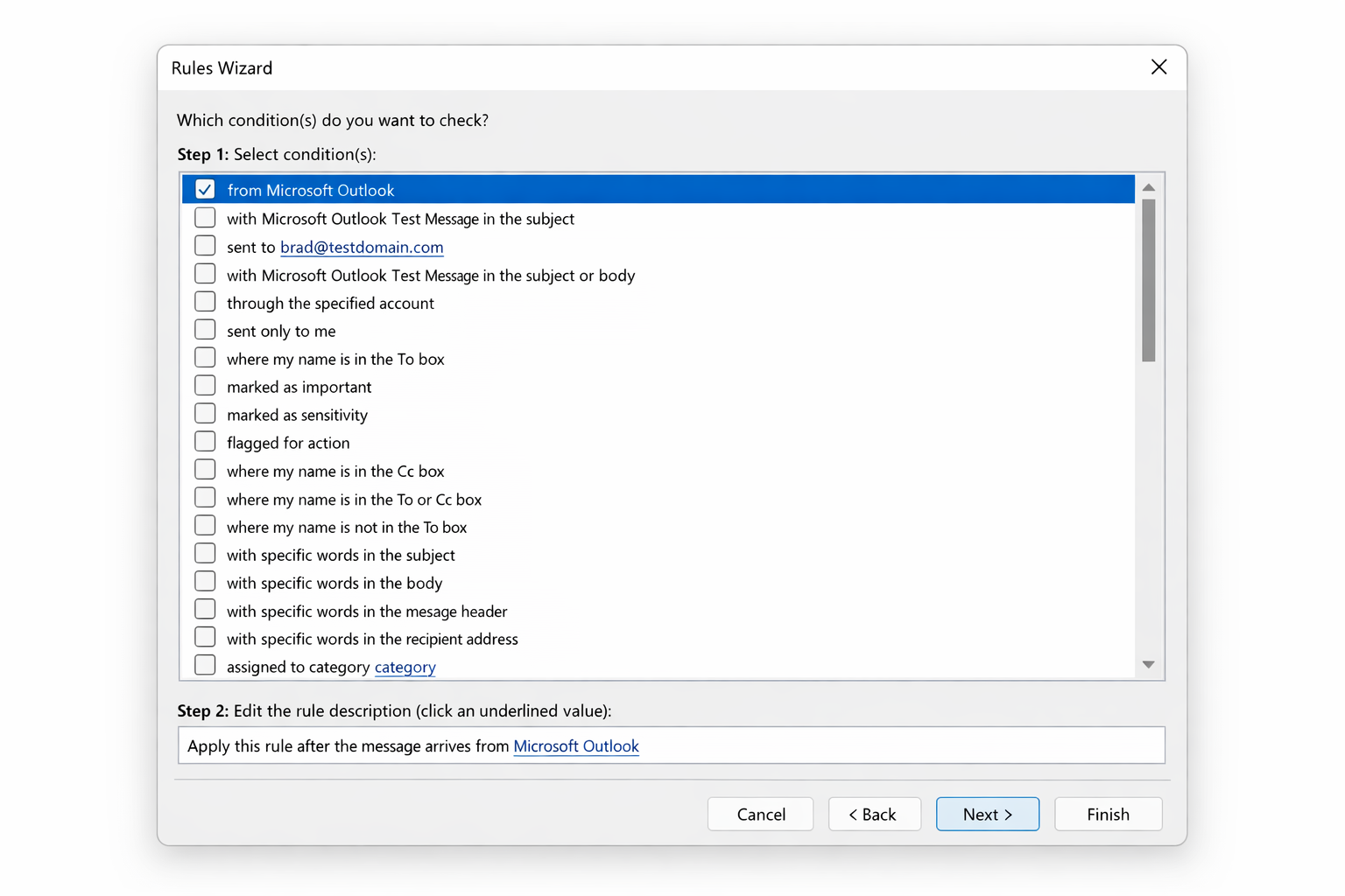 Rules Wizard Conditions screen with multiple condition checkboxes visible and Step 2 rule description box updating dynamically at the bottom