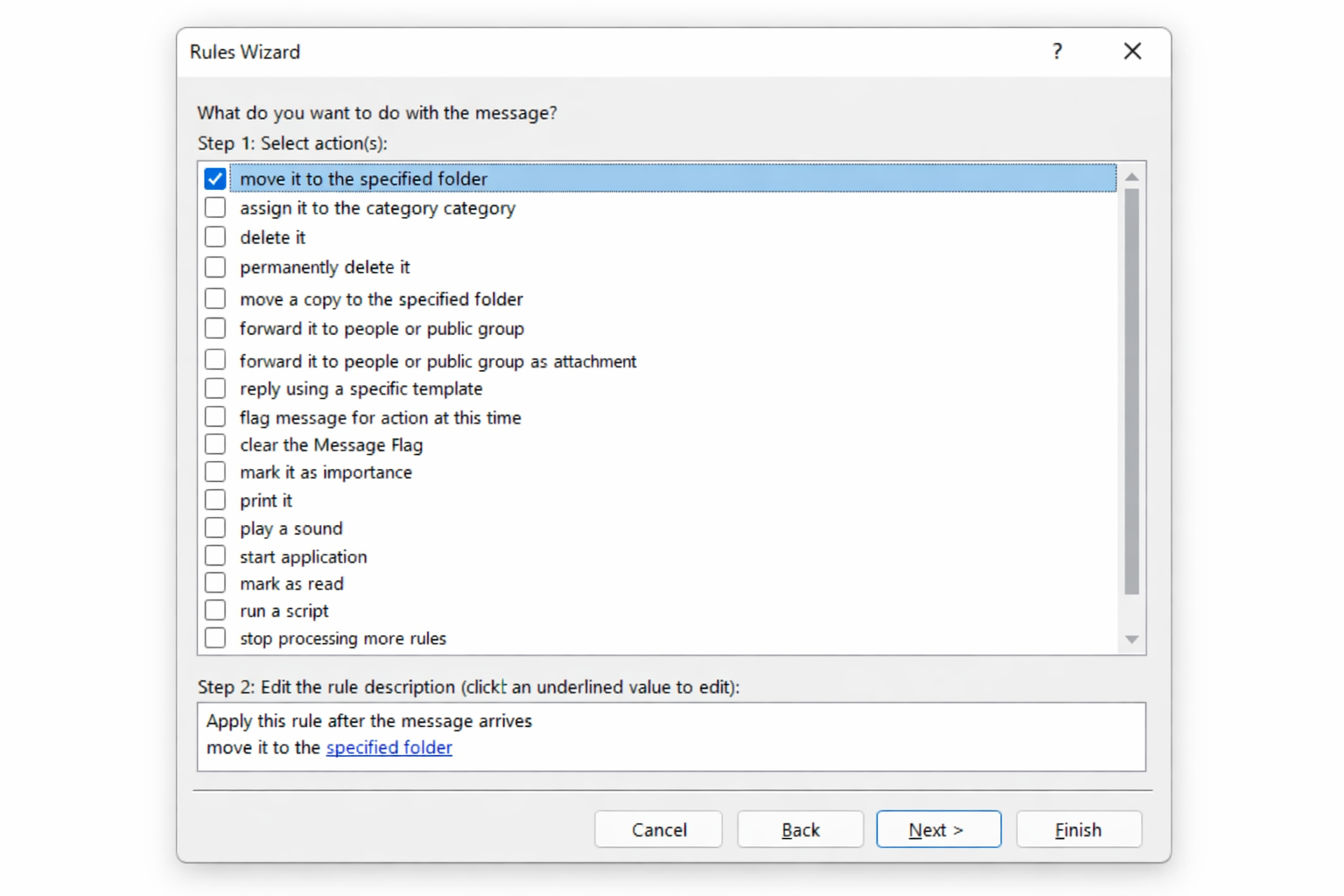 Rules Wizard Actions screen showing available actions list with 