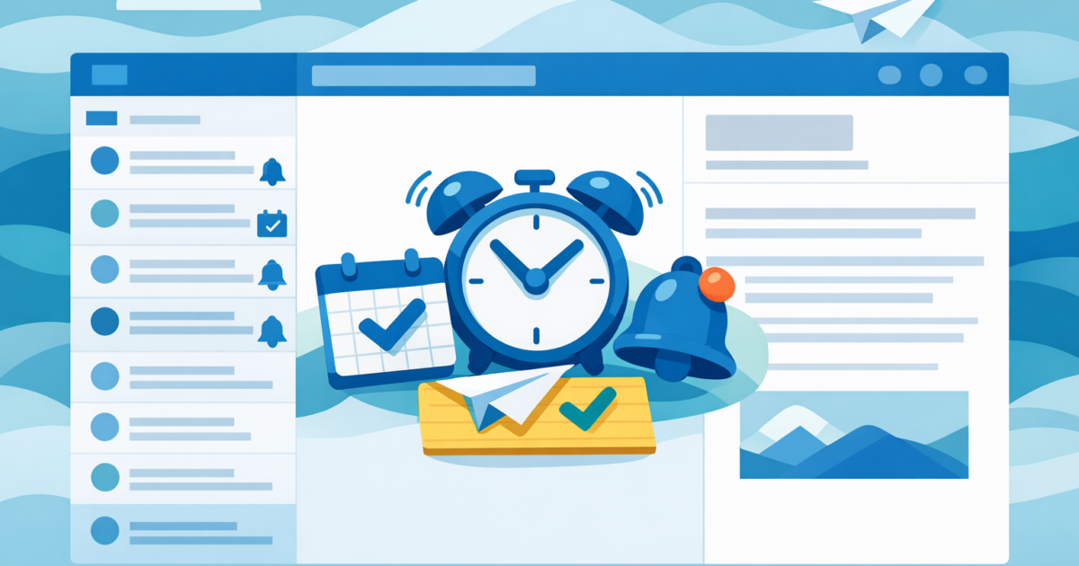 Illustration of a blue calendar, alarm clock, and checklist icons on a web dashboard to symbolize scheduling and reminders.